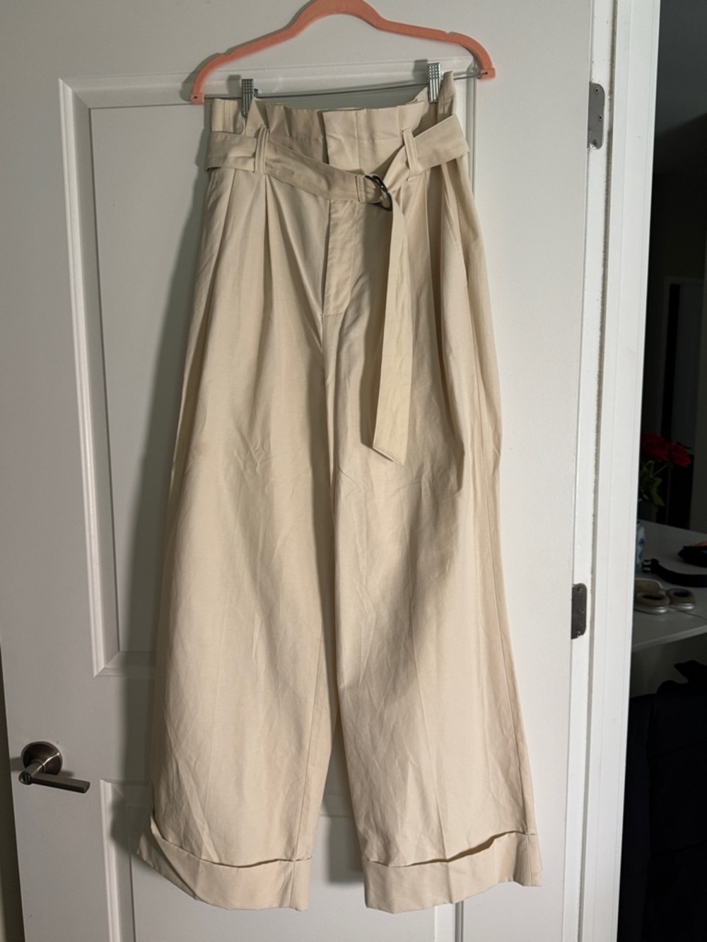 High-Waist Wide Leg Belted Trousers - Cream